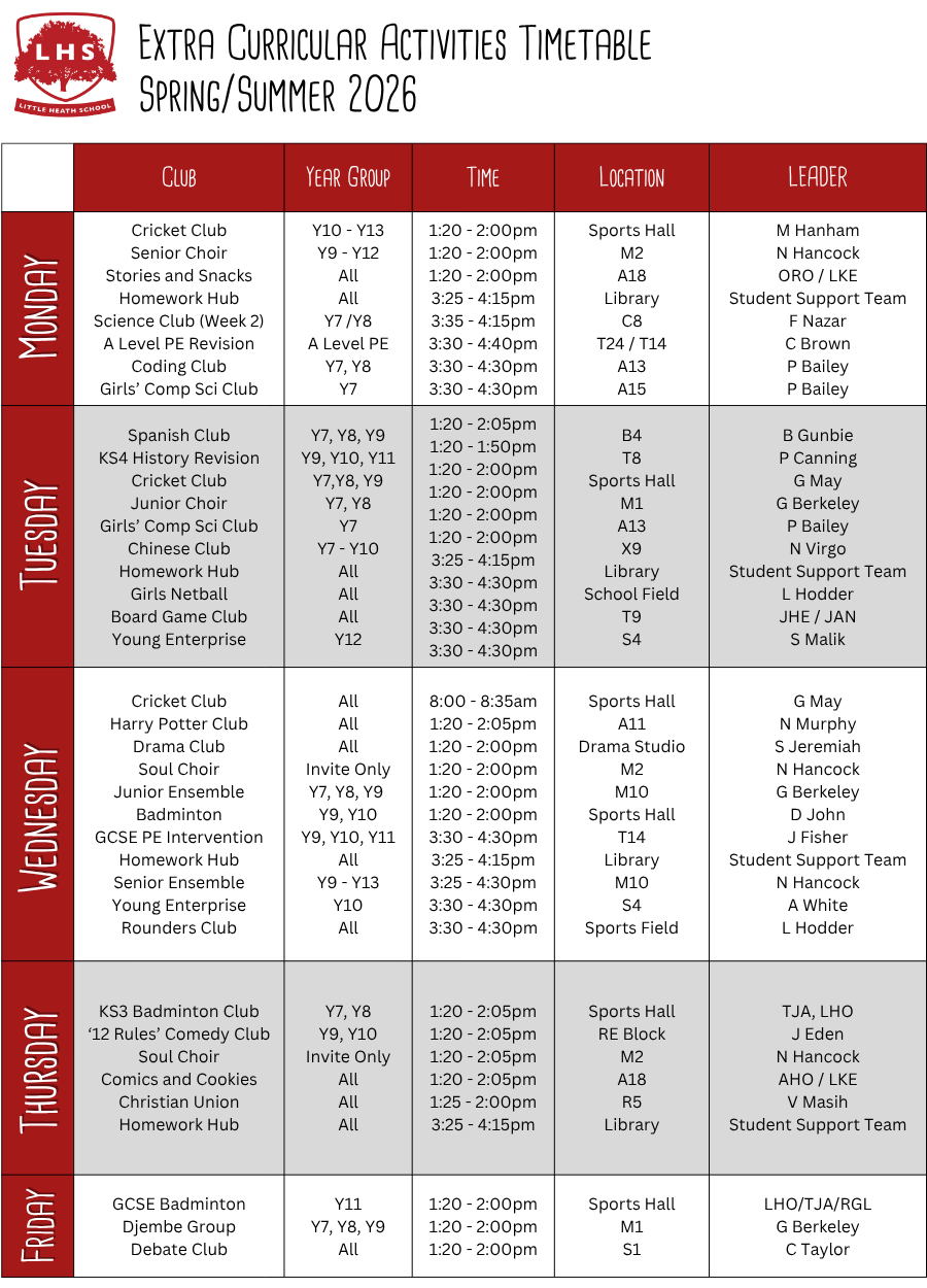 Spring/Summer Extra Curricular Timeable 2026