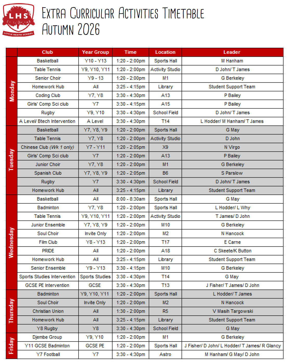 Extra Curricular Timetable Autumn 2026 Extra Curricular Timetable Autumn 2026